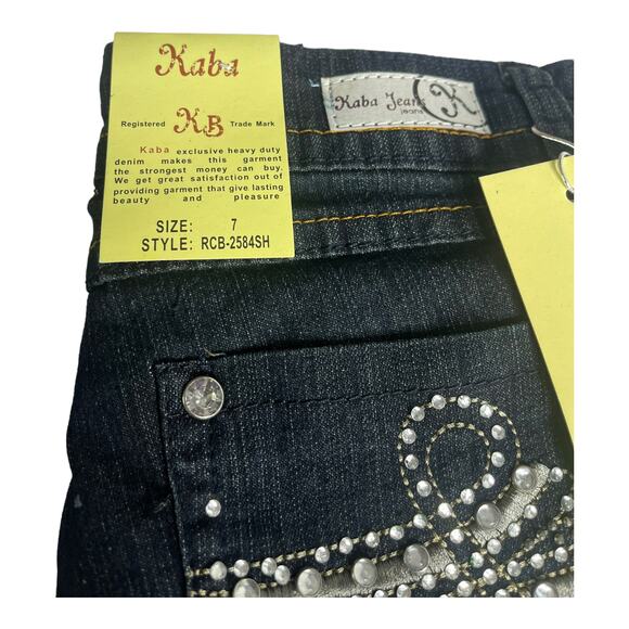 NEW Kaba JEAN SHORTS SZ 7 Dark Blue Denim Stone Stud Bedazzled Double Lasso NWT - Picture 5 of 12